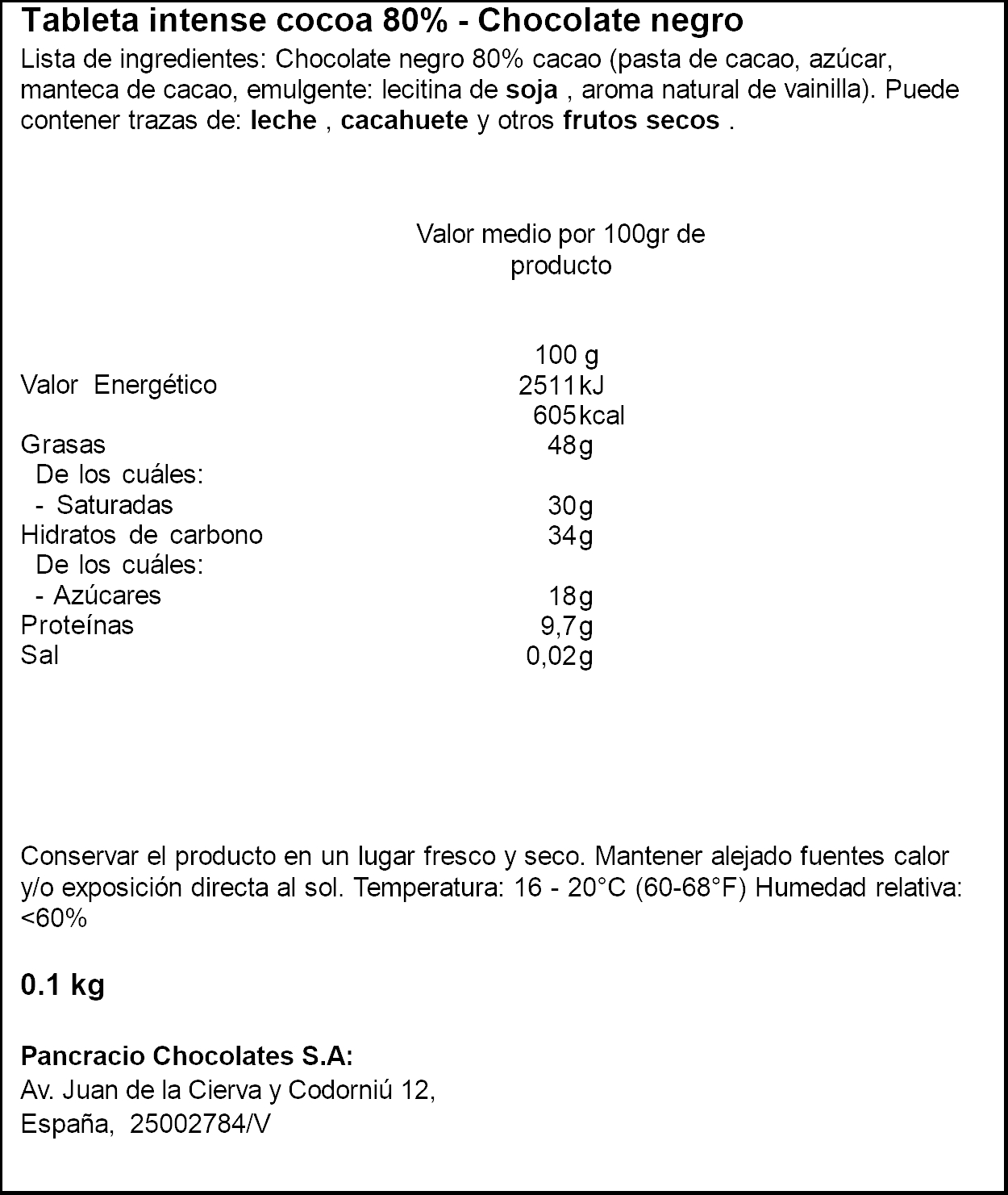 PANCRACIO CACAU INTENS 80% XOCO NEGRA 100GR