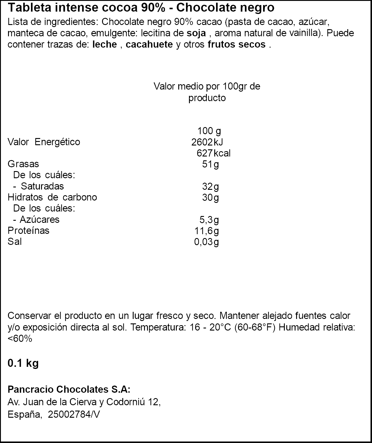 PANCRACIO CACAU INTENS 90% XOCO NEGRA 100GR