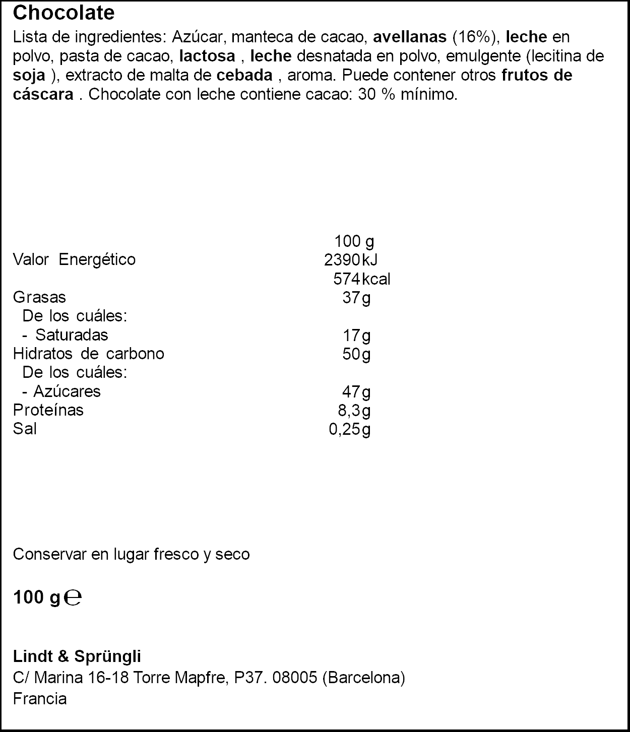 LINDT XOCOLATA LLET/AVELLANES 100GR