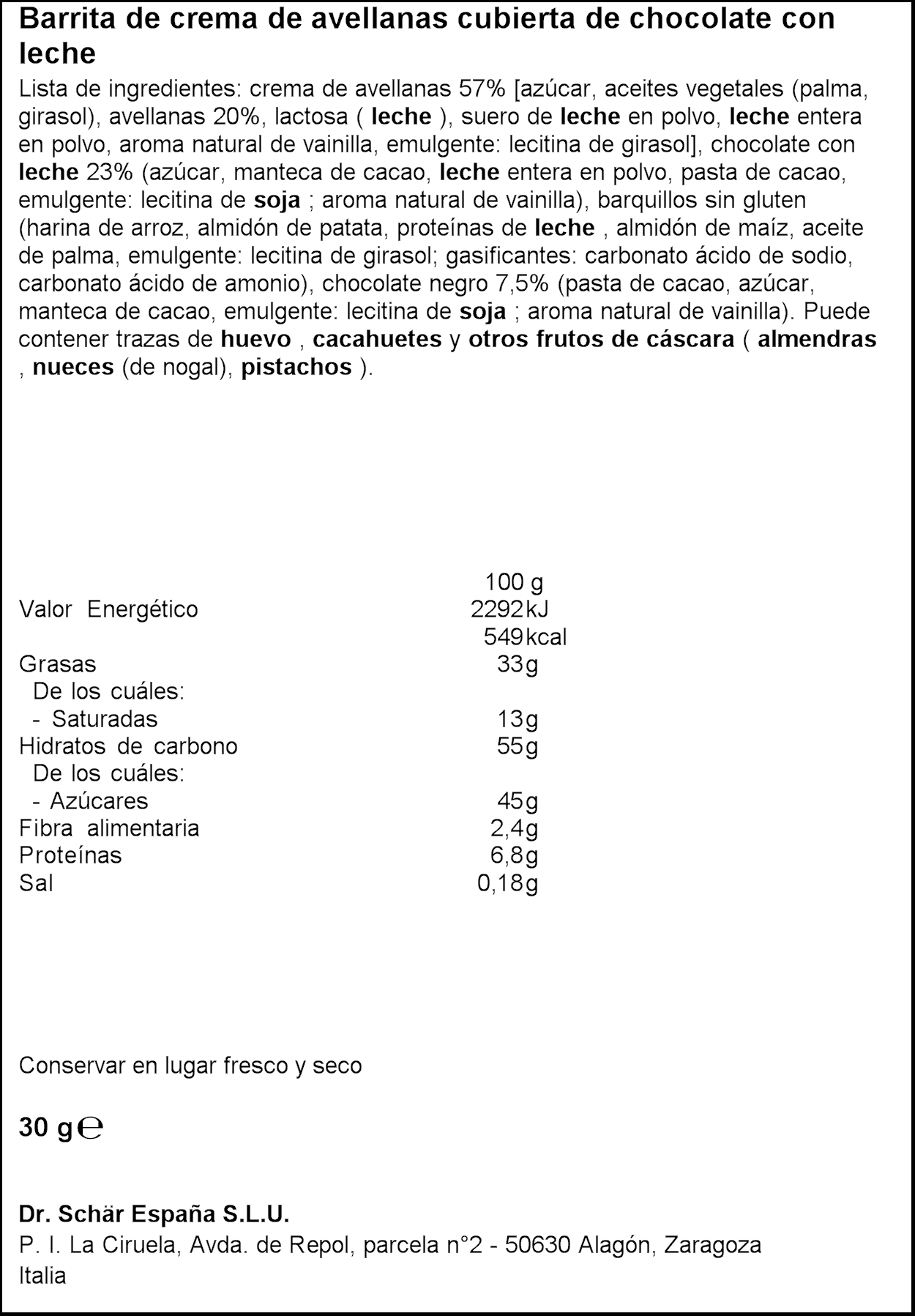 SCHAR BARRETA CREMA AVELLANES S/GLUTEN 30GR